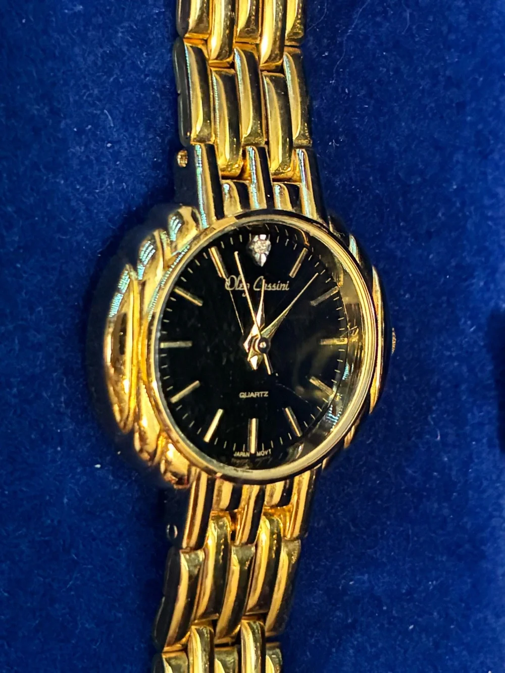 Oleg Cassini Swiss Quartz & Diamond Watch with Gold Tone Basket Weave Band